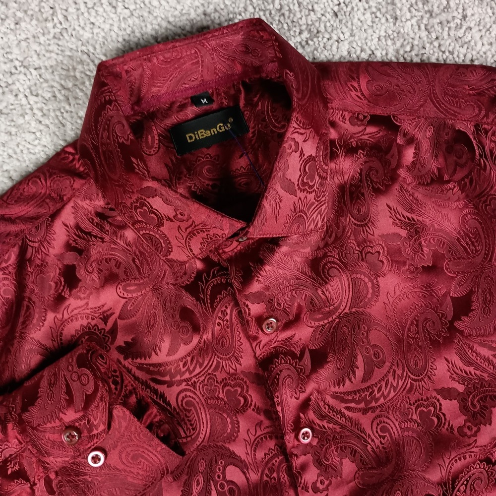 DiBanGu Medium Silk Red Jacquard Weave Paisley Button Down Mens Dress Shirt